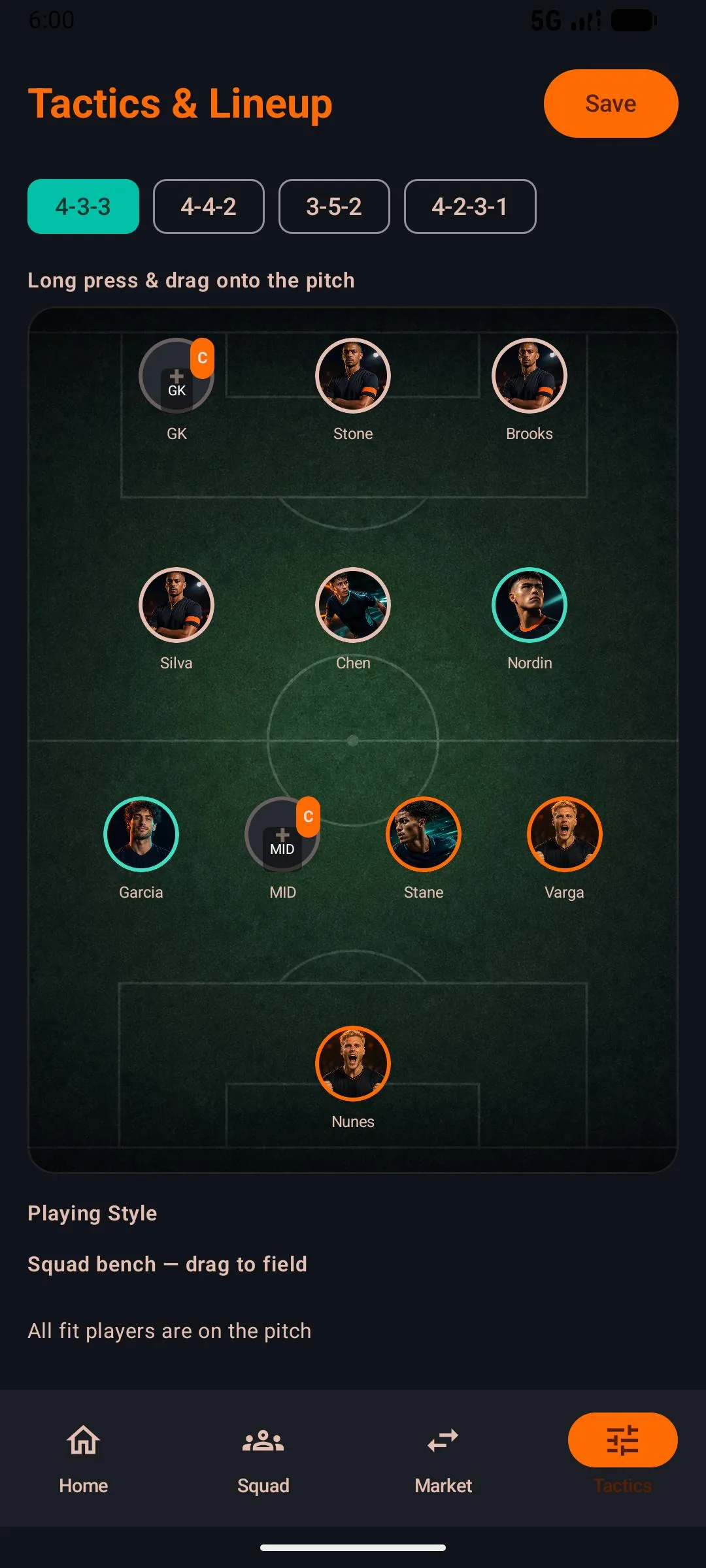 Winline – squad manager screen